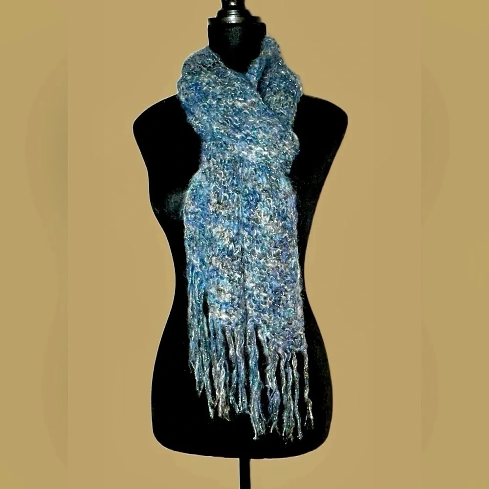 NEW Boutique Hand-Knitted Super Soft & Cozy Blue & Gray Scarf w/ Tasseled Fringe